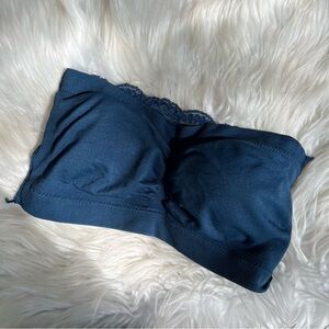 One More Navy Blue Strapless Floral Lace Back Padded Bandeau